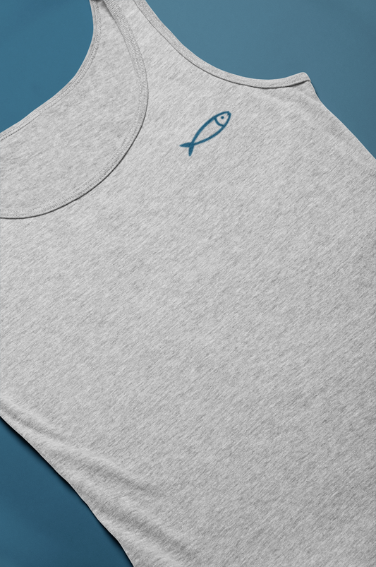 Unisex tank top with minimal sardine logo.