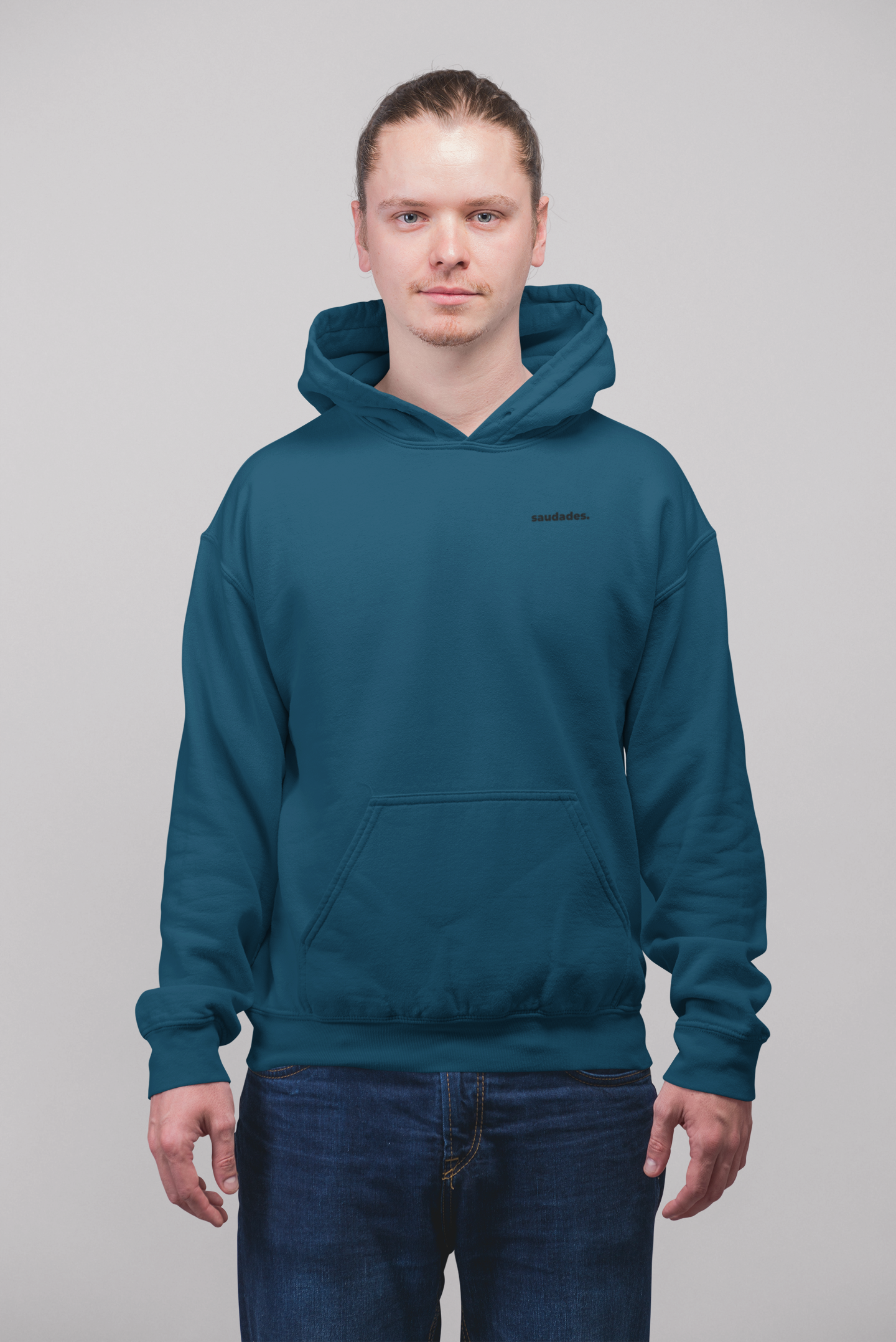 Front view of Saudade hoodie with minimalist Portuguese word logo