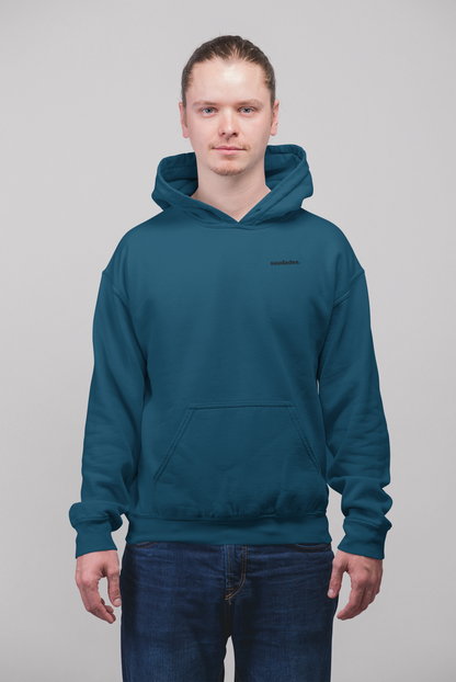 Front view of Saudade hoodie with minimalist Portuguese word logo