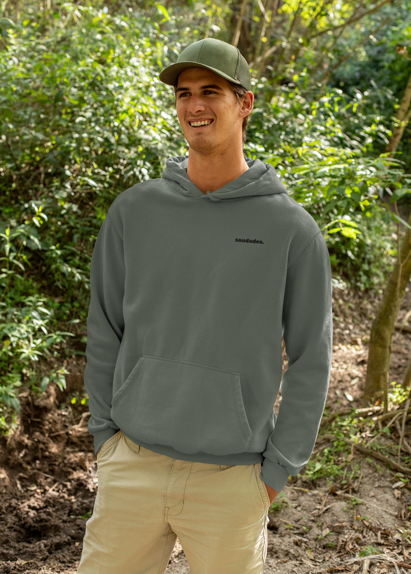 Unisex Saudade hoodie flat on neutral background with clean surf style design