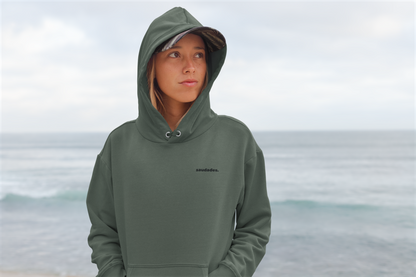 Close-up of Saudade logo printed on cotton blend hoodie