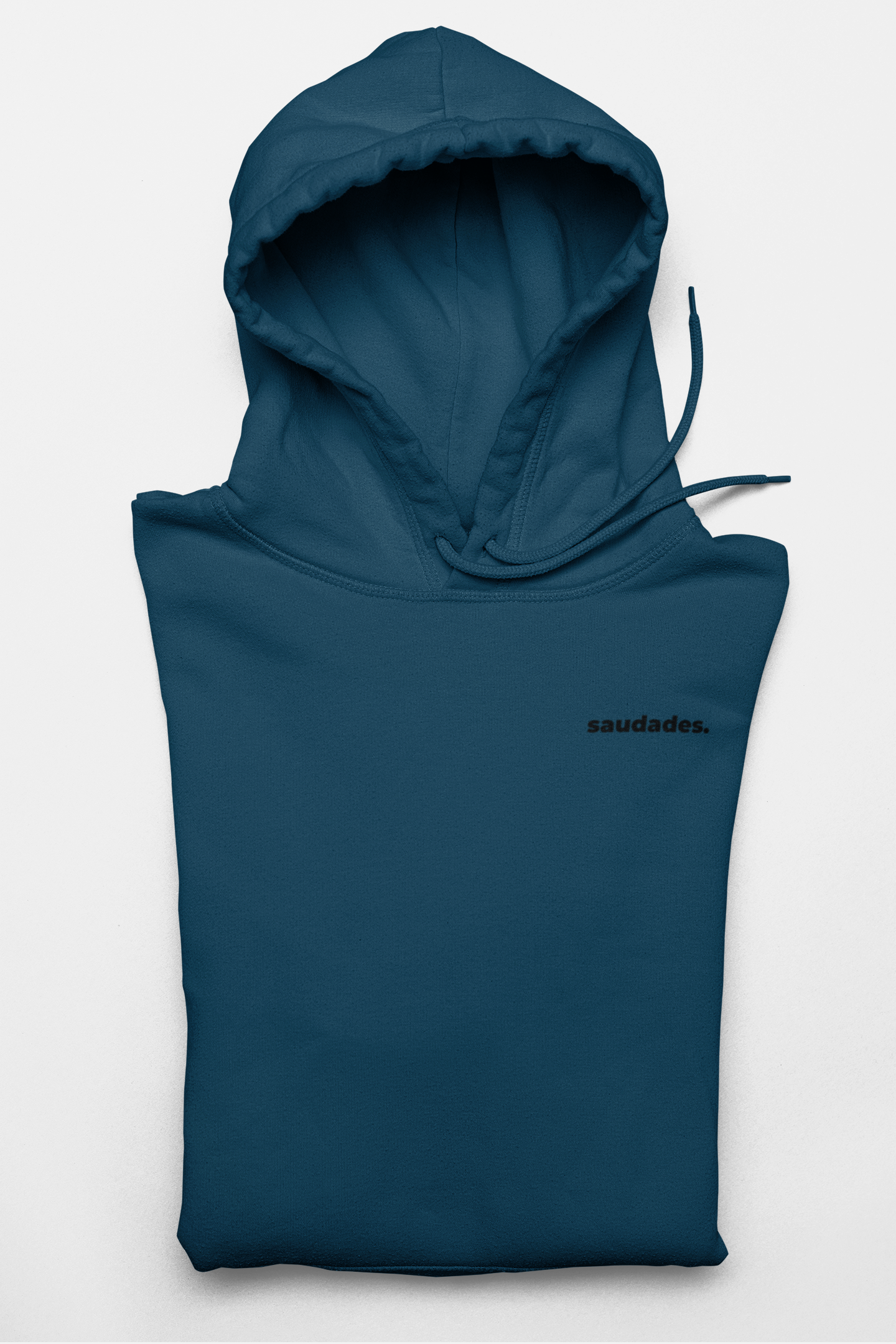 Close-up of hood, drawcord, and ribbed cuff details of Saudade hoodie