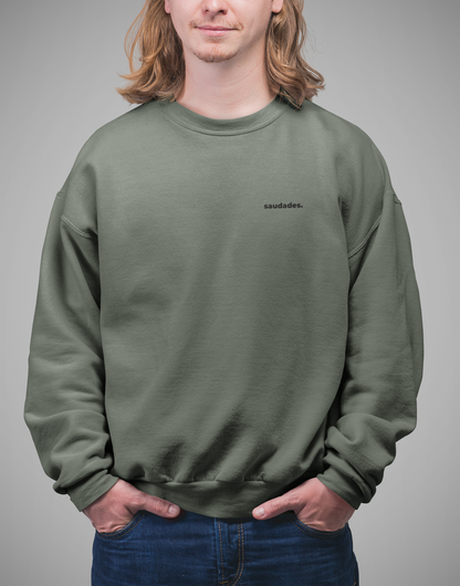 Front view of Saudade sweatshirt with minimalist Portuguese word logo