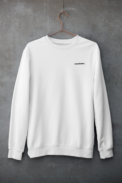 Close-up of Saudade logo print on cotton blend sweatshirt