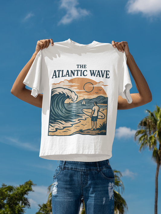 Front view of The Atlantic Wave Women’s T-Shirt with surf logo.