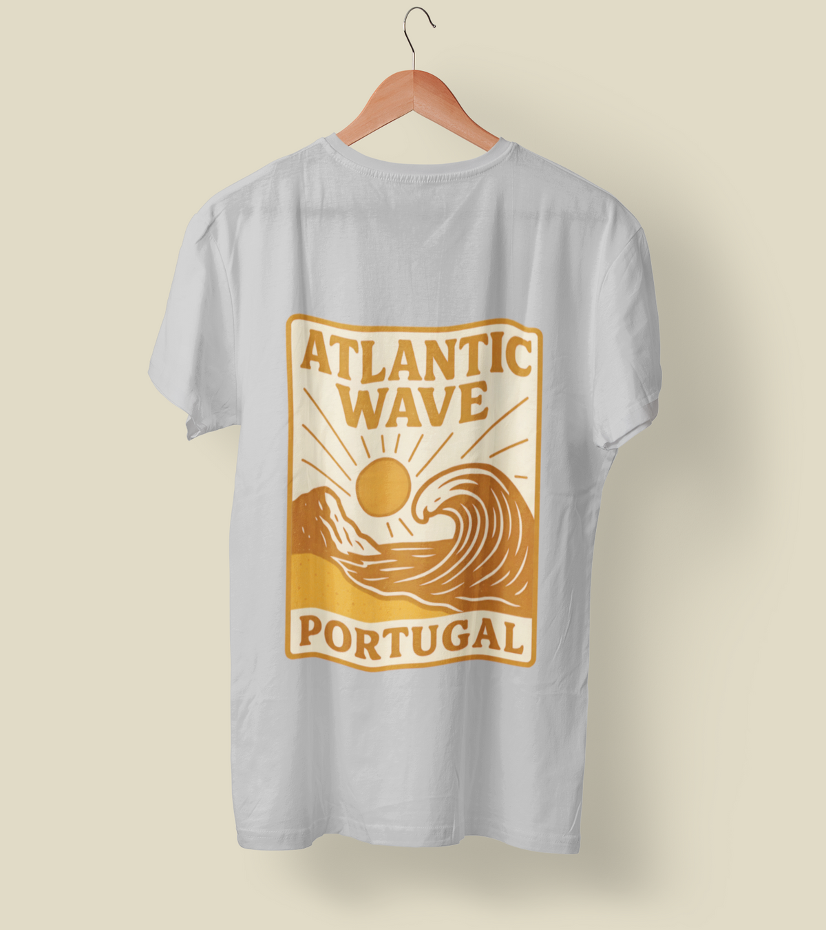 White organic cotton T-shirt with orange "Atlantic Wave Portugal" surfing graphic, crew neck.