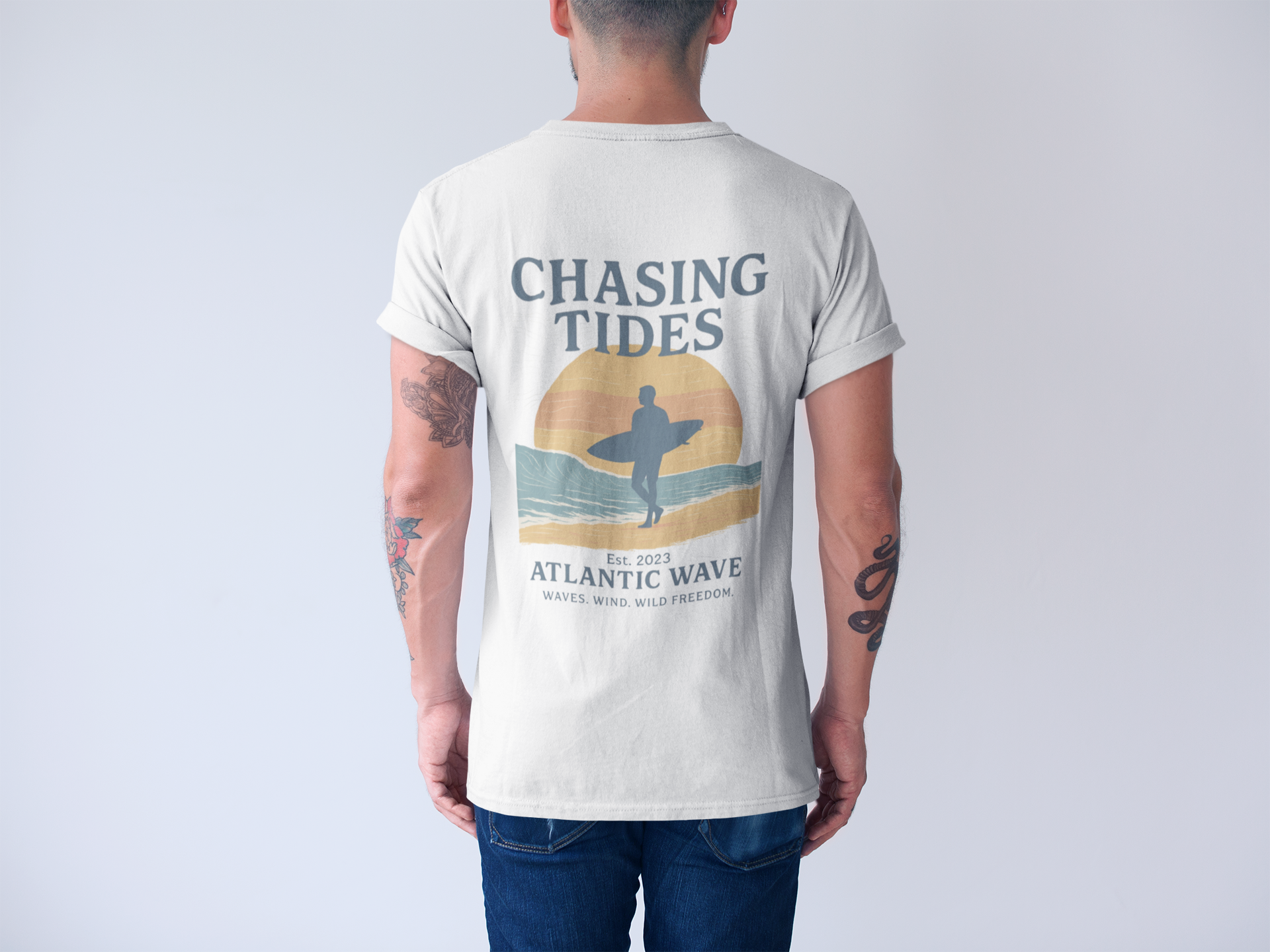 Packaged surf gift tee, eco-conscious fashion for surfers.