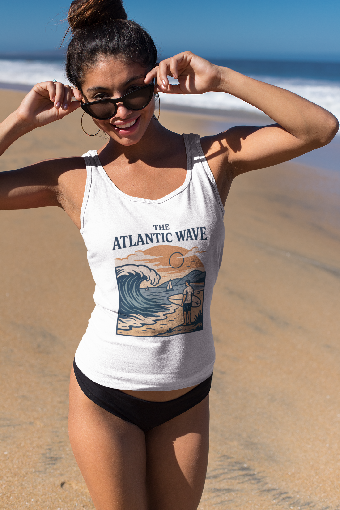 Woman wearing white organic cotton surf tank top with vintage logo.