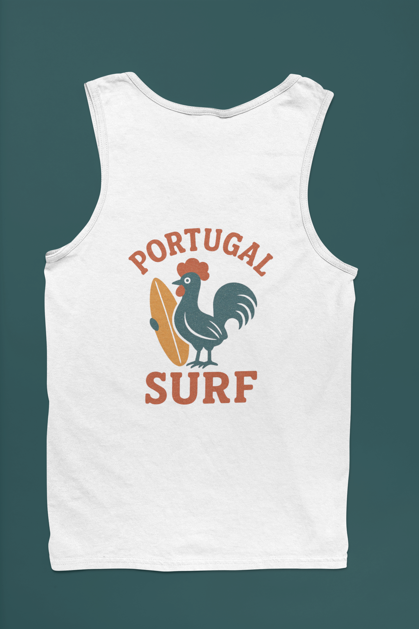 White tank top with 'Portugal Surf' design featuring a rooster and surfboard on a dark green background.