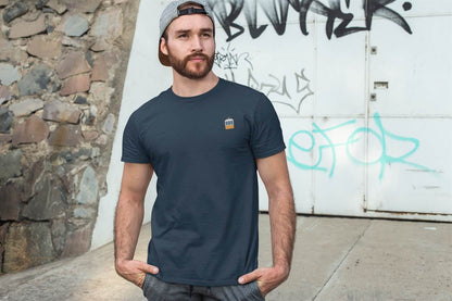 Navy blue organic t-shirt with Lisbon Electrico tram embroidery. A minimalist and stylish addition to any casual outfit.