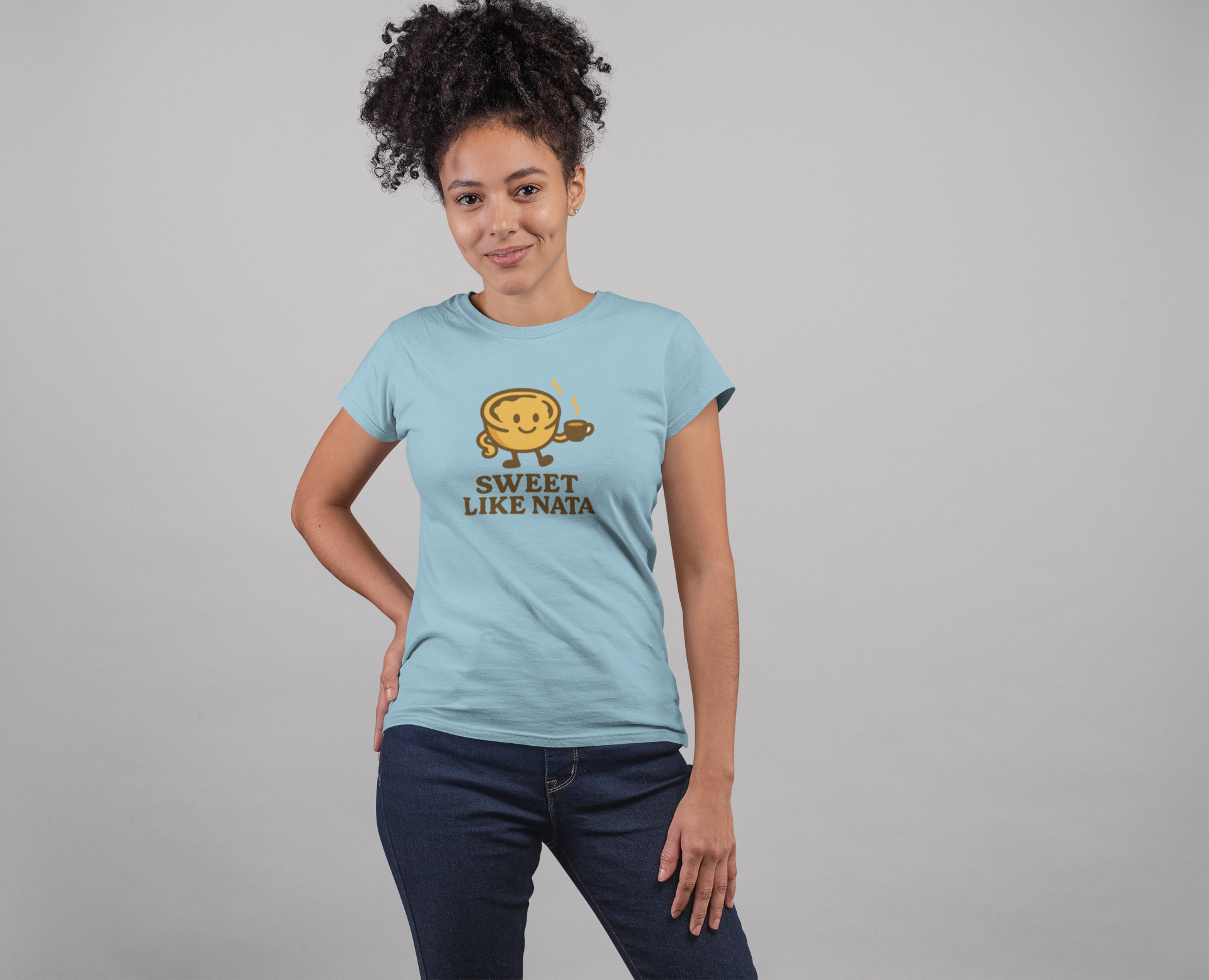 Side view of cute pastel de nata t-shirt for women.
