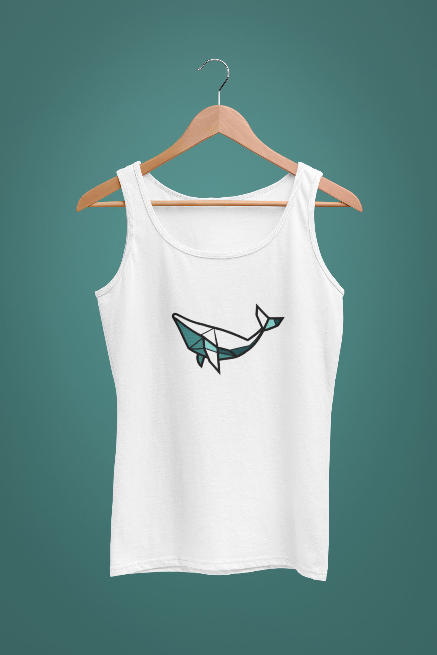 White tank top with a whale design on a hanger against a teal background