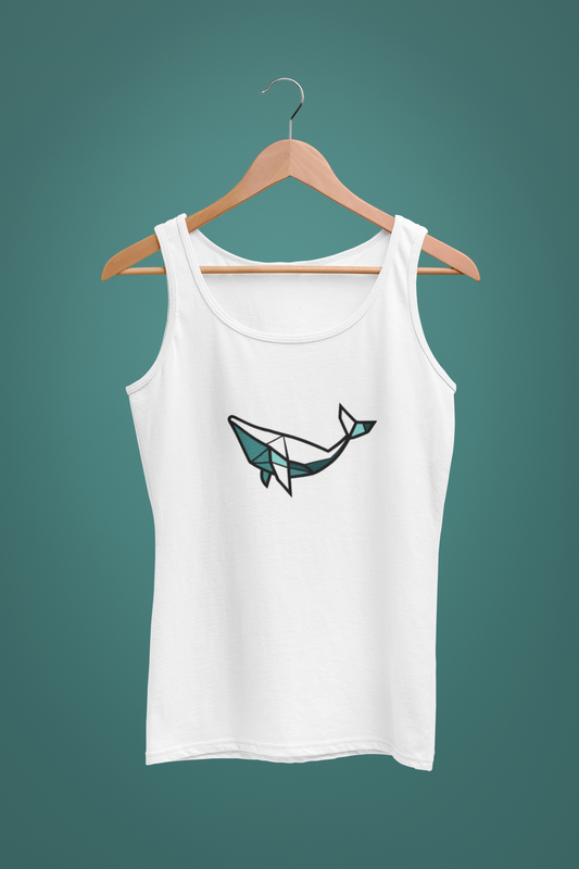 White tank top with a whale design on a hanger against a teal background