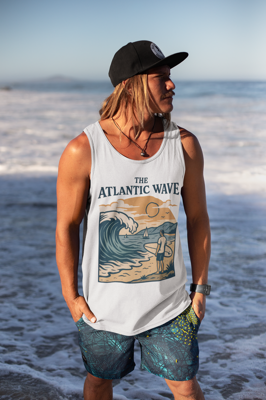 Front view of the Atlantic Wave Men’s Tank Top with surf logo.
