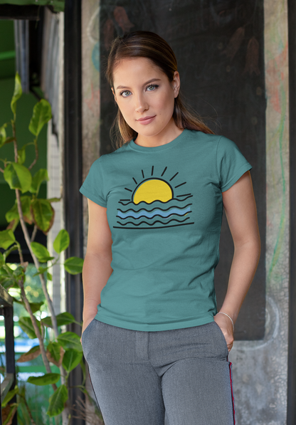 Relaxed fit Coastal-Inspired Sunset T-Shirt, blending bold design with eco-conscious fashion.