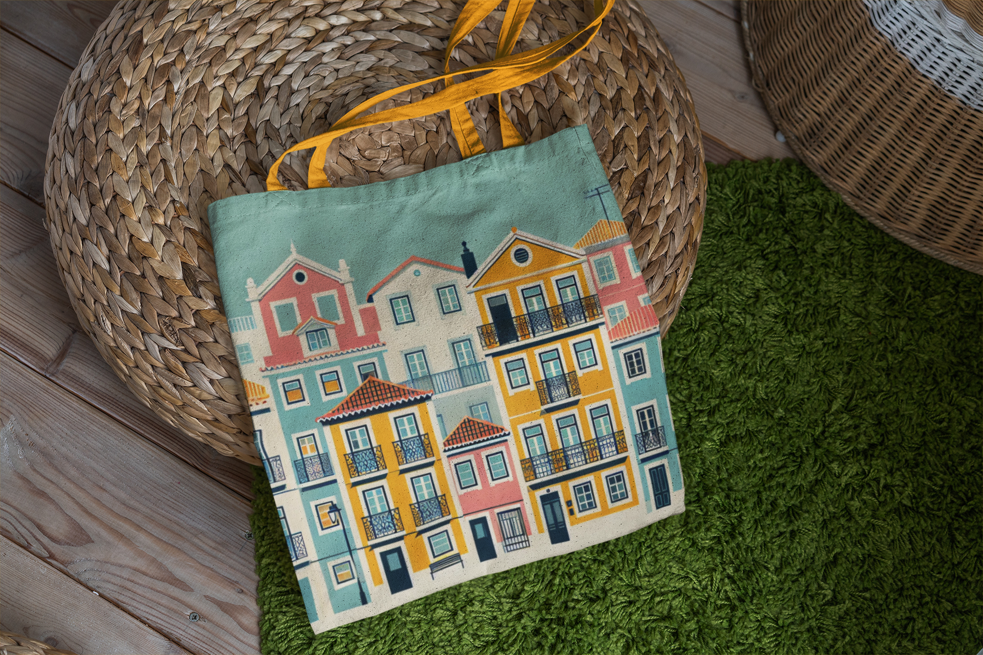 Lisbon Tote Bag from the Alfama Collection placed on a woven mat. Showcasing vibrant Portuguese architecture in a stylish design.