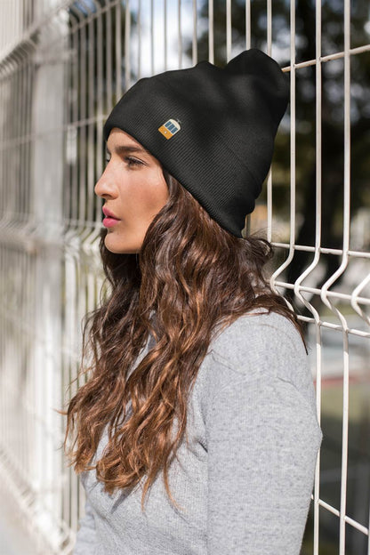 Black Lisbon Electrico Beanie with embroidered tram design, made from turbo acrylic. A stylish unisex accessory inspired by Lisbon's charm.