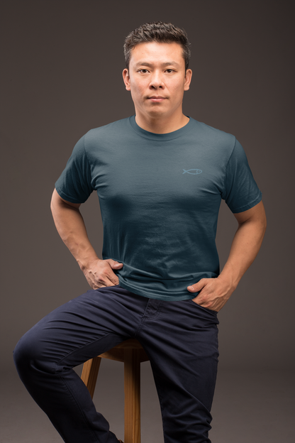 Men's organic cotton crew neck t-shirt in french navy with minimalist sardine graphic, sustainable Portugal gift idea.