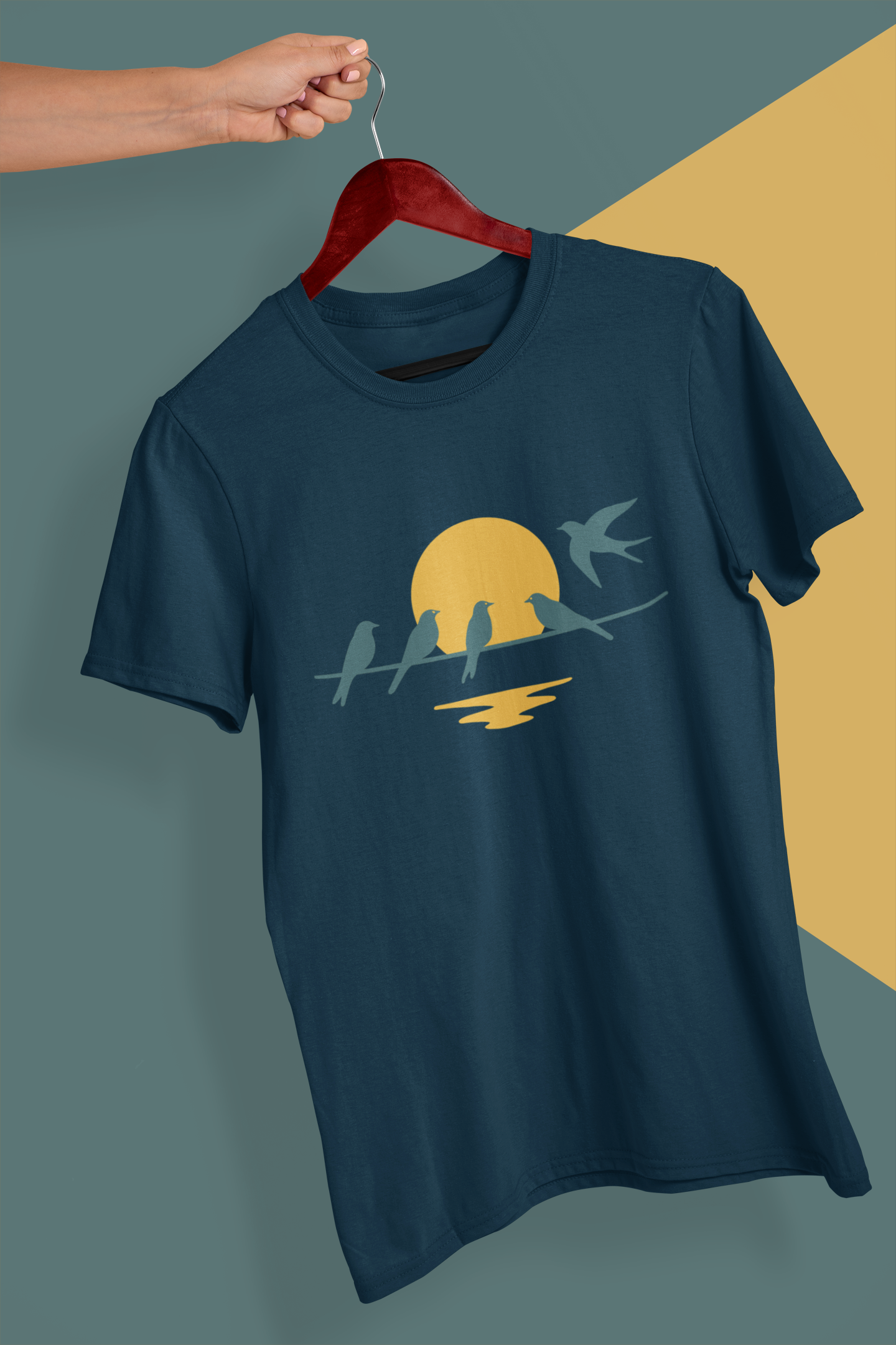 Relaxed unisex fit tee with swallow sunset design.