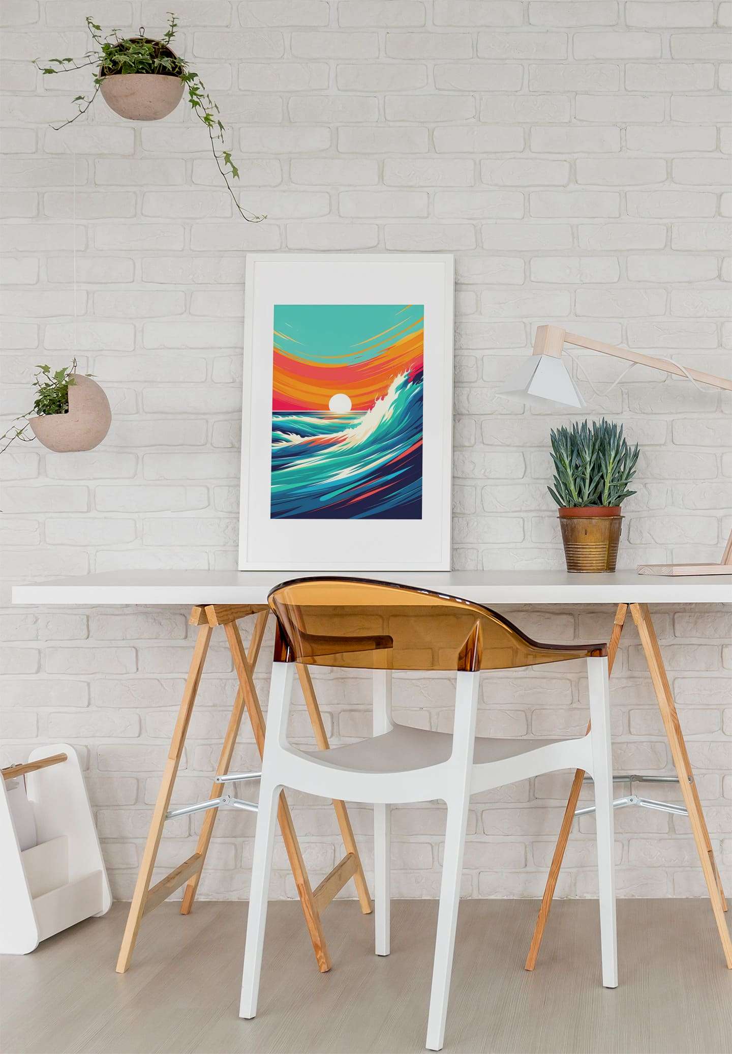 Costa Vicentina printed poster in a white frame, styled on a minimalist desk. A vibrant ocean wave artwork for modern workspaces.