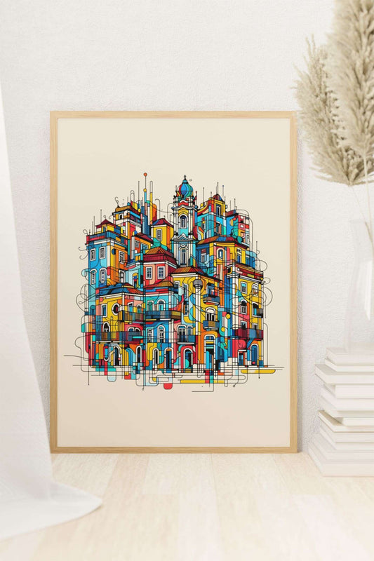 Porto Traditional Houses Poster featuring vibrant, colorful buildings in a modern illustration style. Perfect wall decor for a stylish interior.