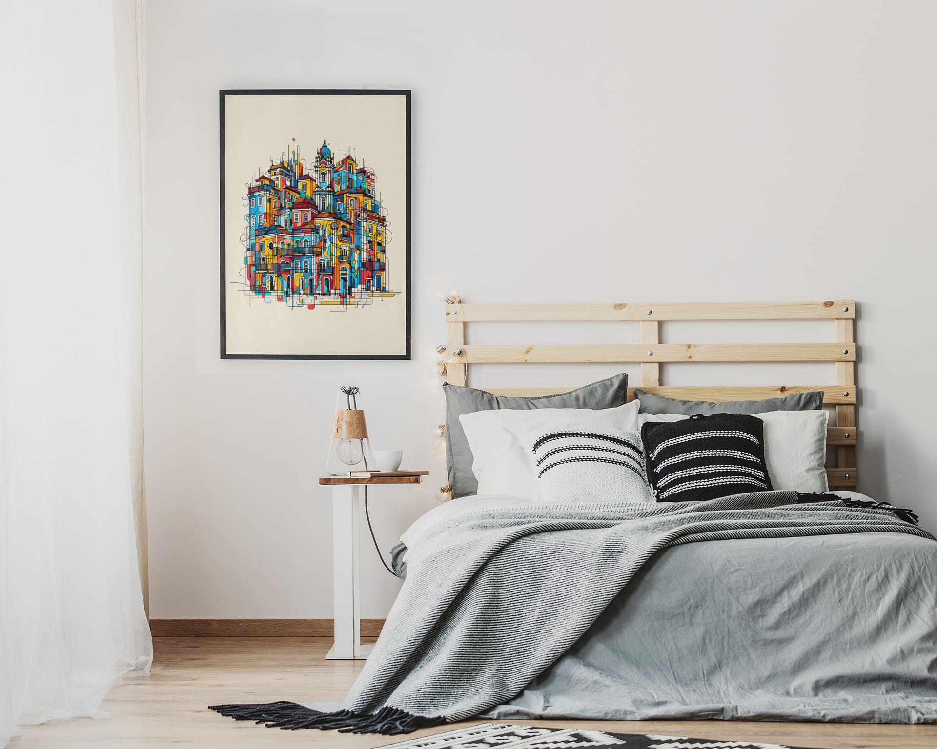 Framed Porto Traditional Houses Poster hanging above a cozy bed, adding a pop of color and charm to the bedroom decor.