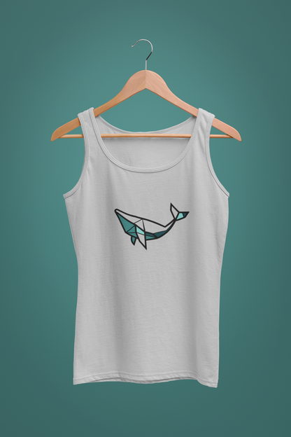 White tank top with a whale design on a hanger against a teal background