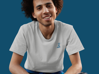 Relaxed fit unisex t-shirt with modern lighthouse graphic.

