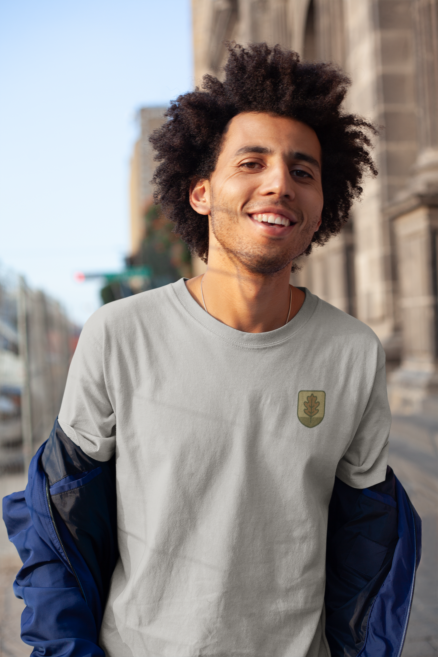 Eco-conscious shirt with subtle oak print.