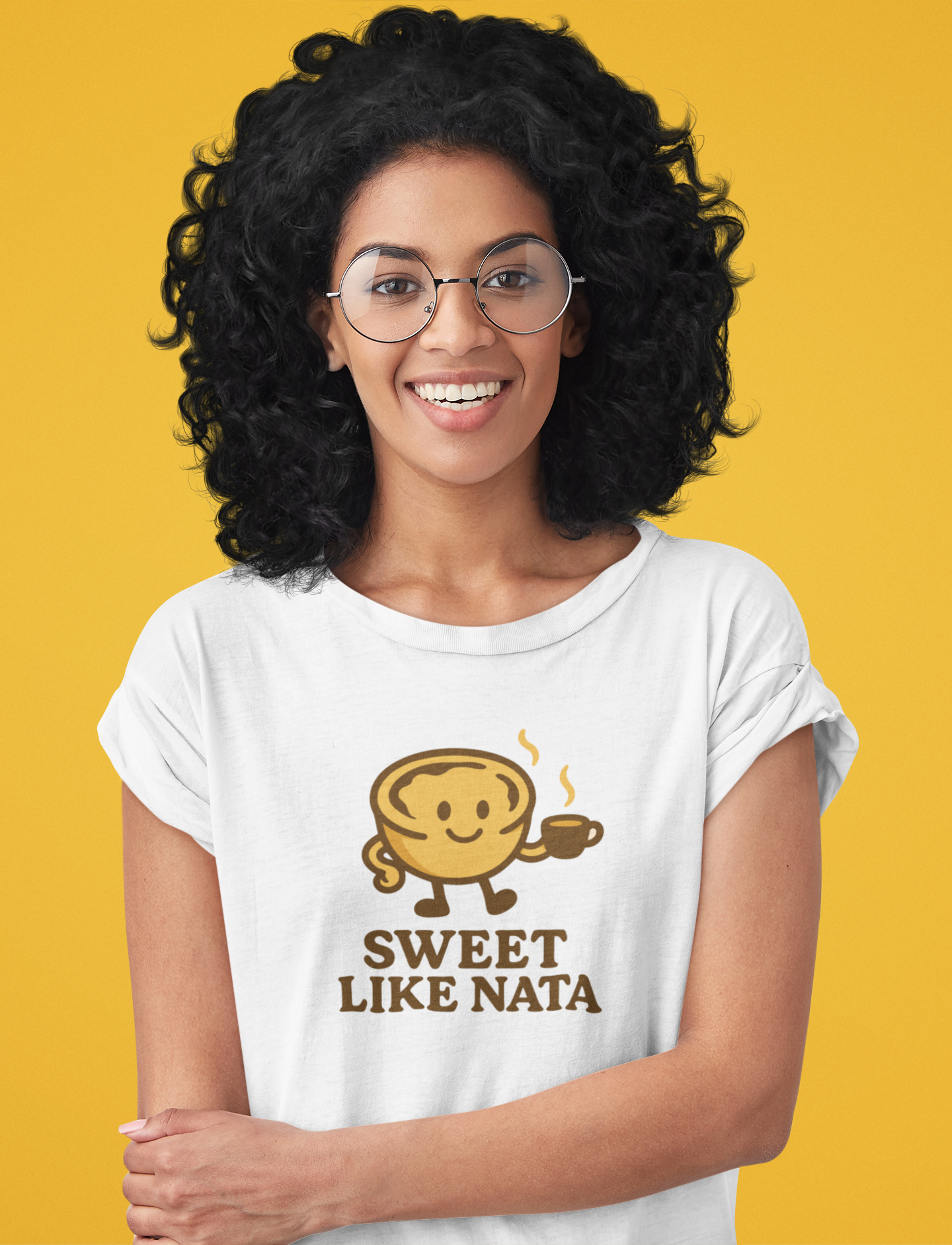 Organic cotton shirt detail, pastry and coffee logo.