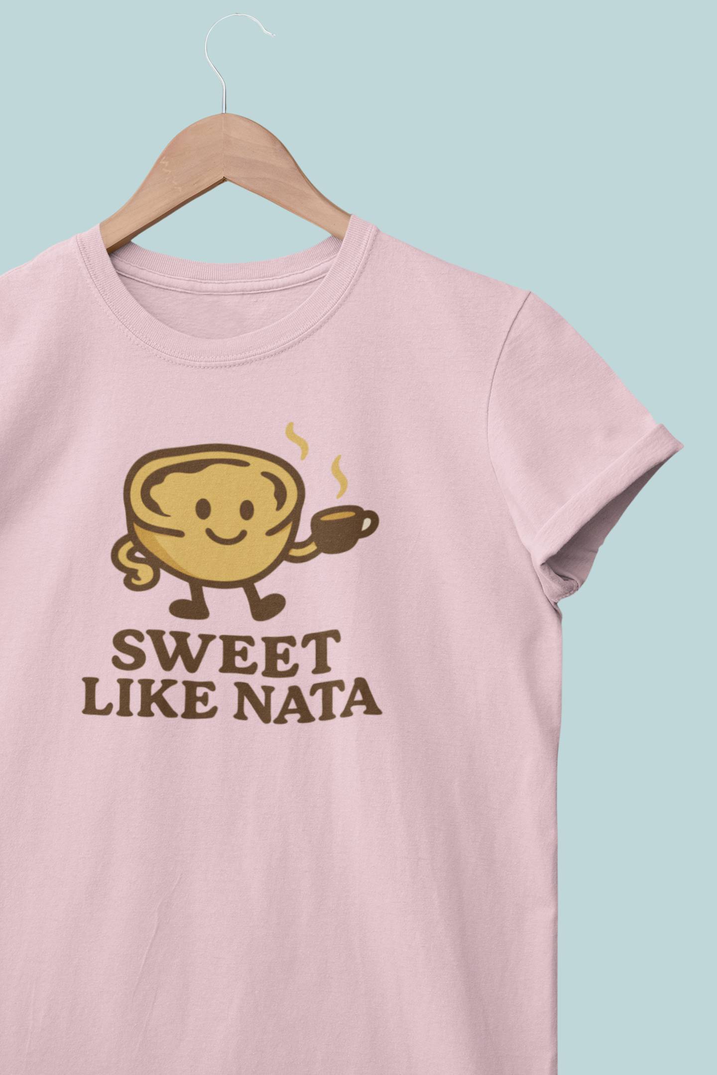 Illustration of smiling pastel de nata with text “Sweet Like Nata”.