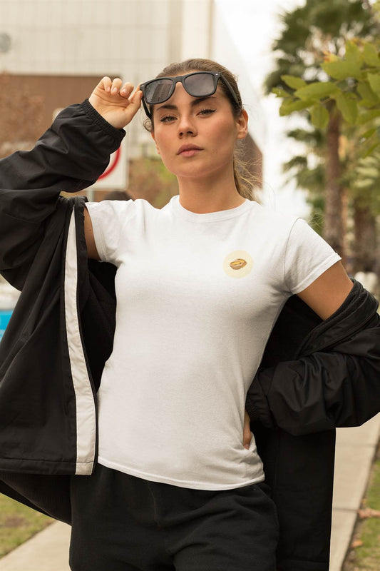White Lisbon Style T-Shirt for women featuring a small Pastel de Nata print. Organic cotton tee blending minimalist design with Portuguese charm.