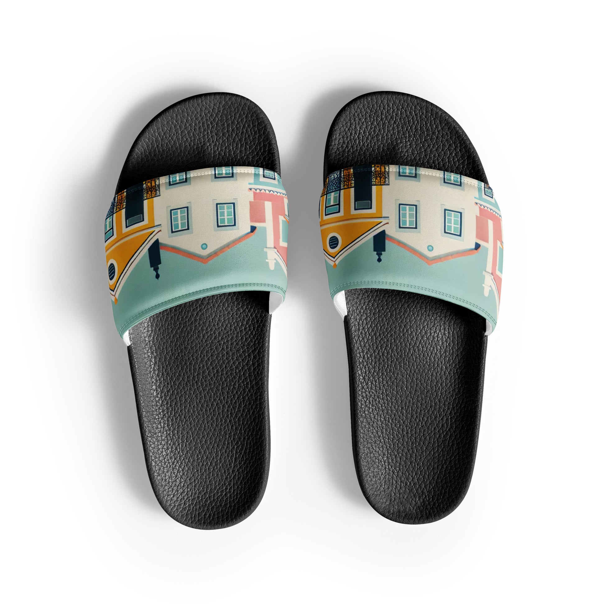Alfama Woman Pool Slippers featuring a Lisbon-inspired design with colorful houses on a black sole. Stylish and durable for casual wear.