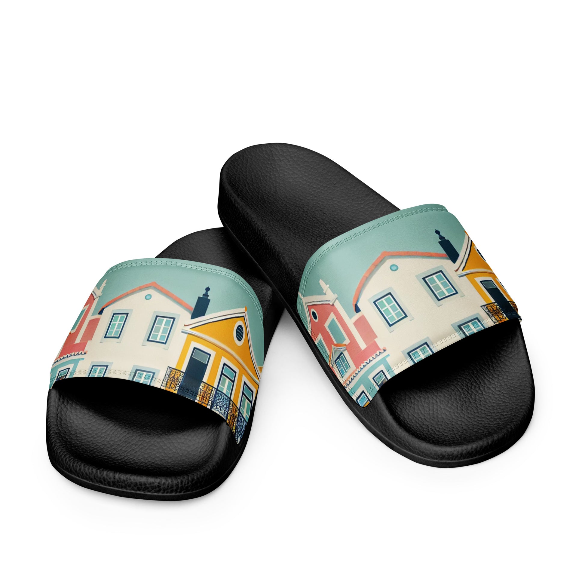 Pair of Alfama Woman Pool Slippers with a colorful Lisbon-inspired design. Comfortable and stylish slides for everyday and vacation wear.